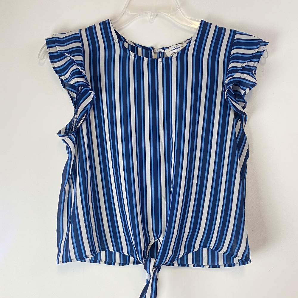Twine & String Ruffle tie Front Top Blouse Blue White Striped Size Medium